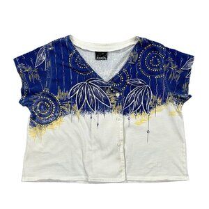 Kaelin Vintage Boxy Novelty Blue White Cotton Blouse Top Size L